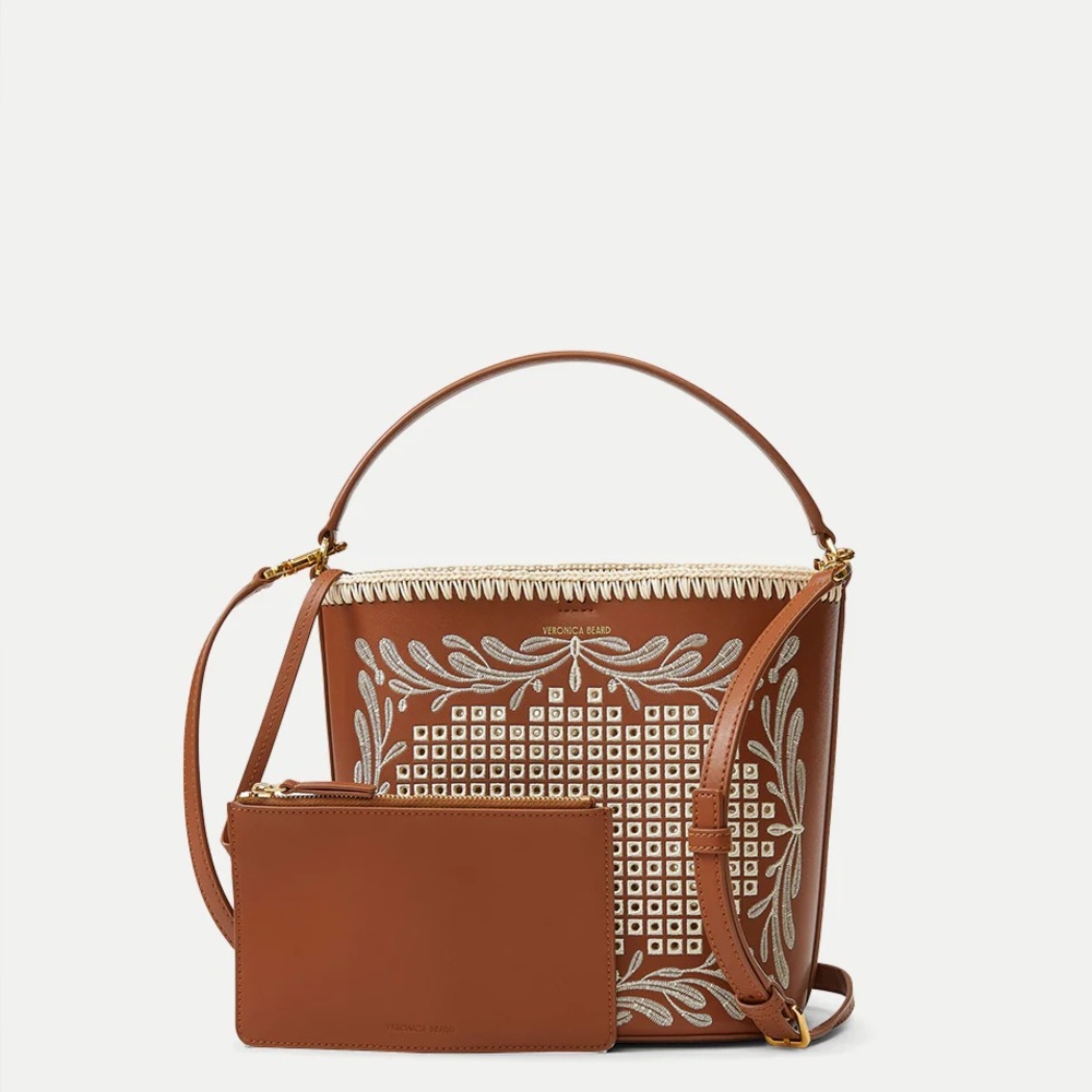 Veronica Beard Tan Leather Eyelet Whipstitch Feedbag - like brand new! - Picture 1 of 12